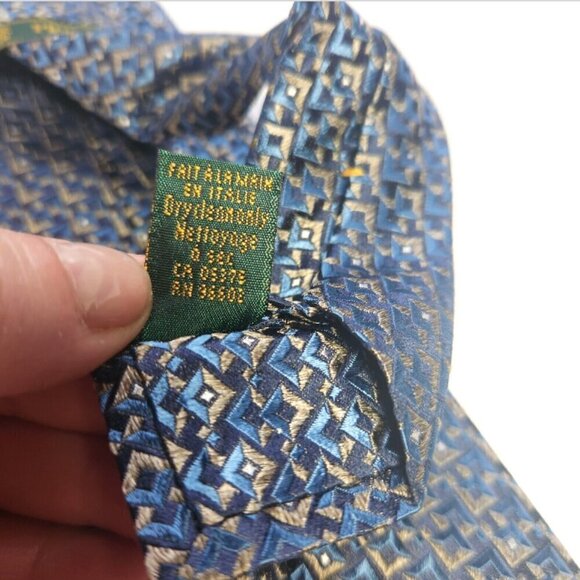 Principe Geometric Necktie Men's Silk Tie 100% Italian Silk Tie Blue with Gold - Picture 4 of 5